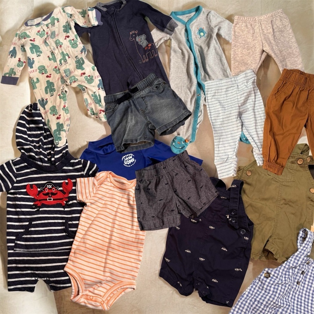 14pc bundle lot 6m 3 footsies 2 one pieces 1 shirt 3 overalls 3 pants 2 shorts